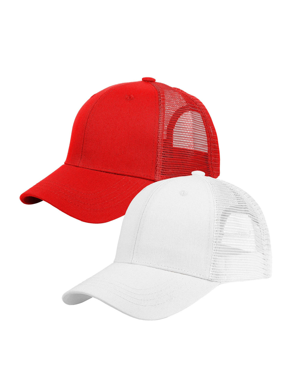 Trucker Hat Baseball Cap Structured Plain Design | 2 Pack, White, Red | Size OS